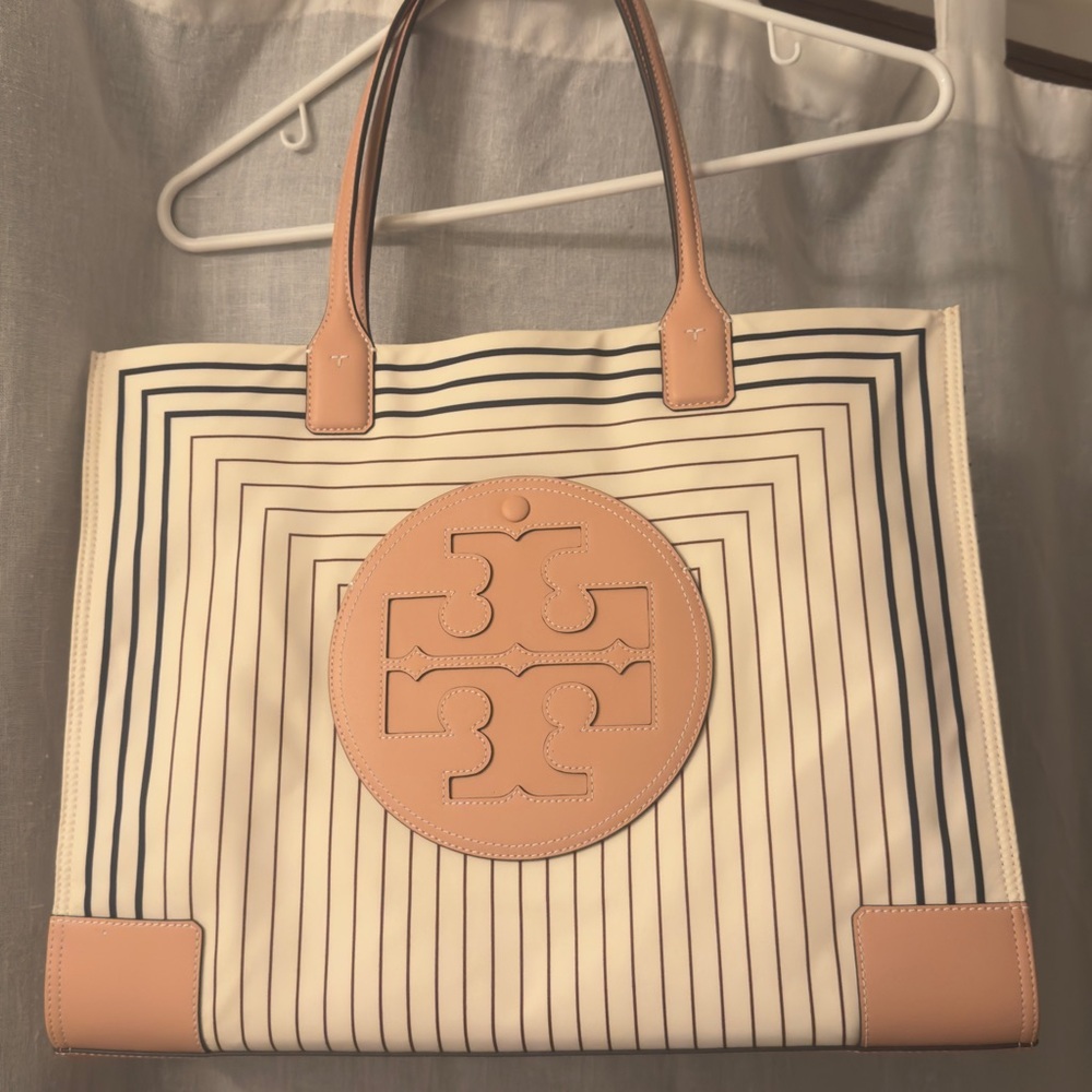 Tory Burch Striped Tan and Cream Ella Tote Bag Large